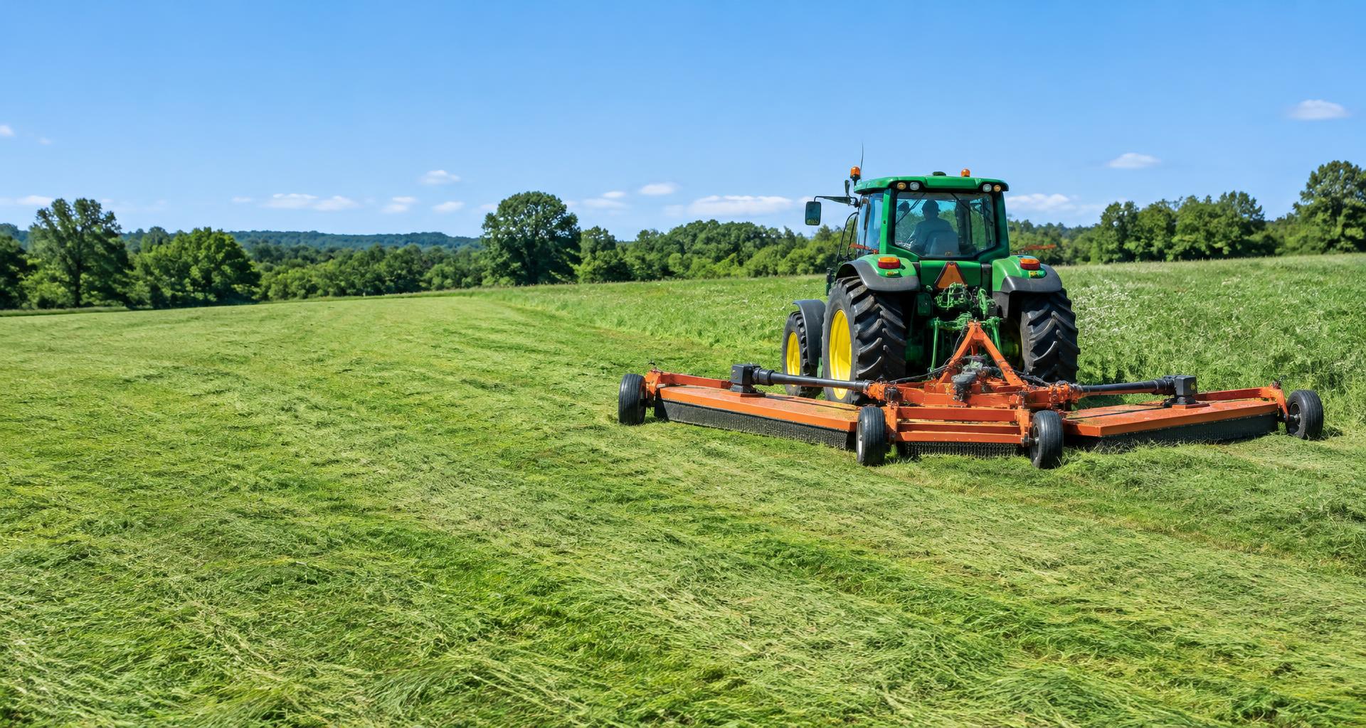 Rotary cutter (flex-wing rotary mower) at work behind a tractor