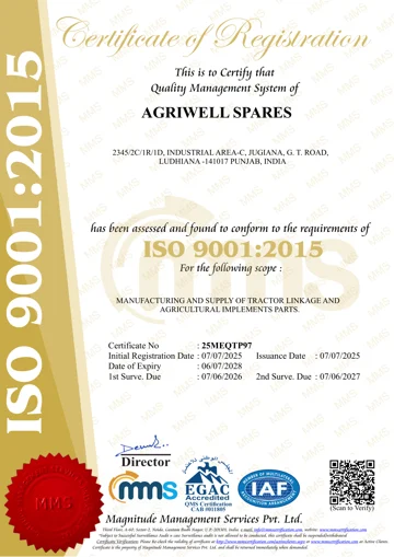ISO 9001:2015 certificate of registration for AgriWell Spares