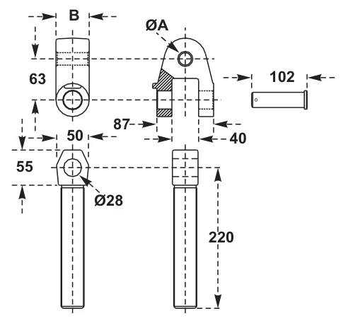 Articulated Yoke Assembly – dimension drawing with measurements