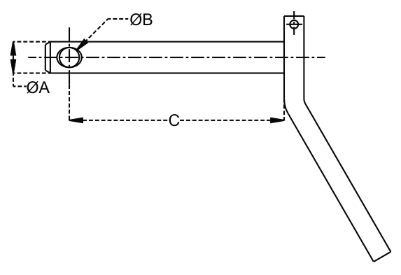 Bent Handle Hitch Pin (with & Without Linch Pin, Chain) – dimension drawing with measurements