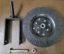 Rotary cutter tail wheel with wheel fork, axle bolt and nut
